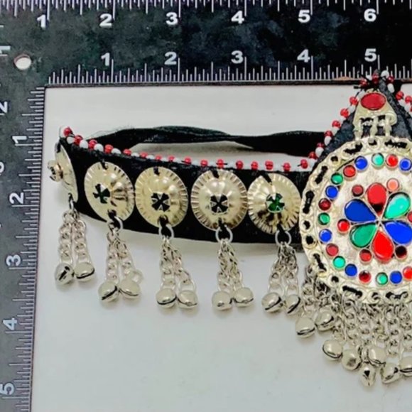 Silver Matha Patti, Traditional Matha Patti With Multicolor Glass Stone and Bell - Picture 9 of 14